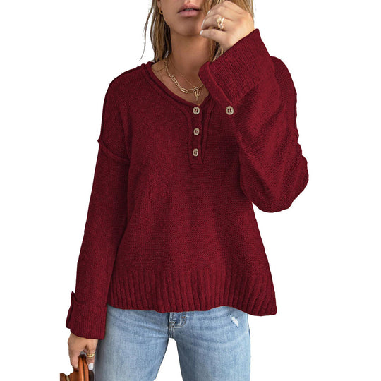 Damen lässiger Strickpullover mit Knopfleiste und weitem Schnitt EB