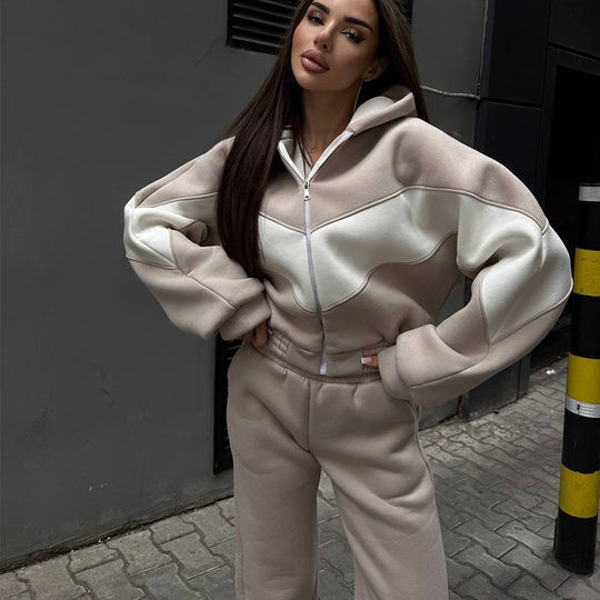 Damen Athleisure-Zweiteiler aus schwerem Neopren-Fleece mit geometrischen Teilungsnähten und hoher Taille EB