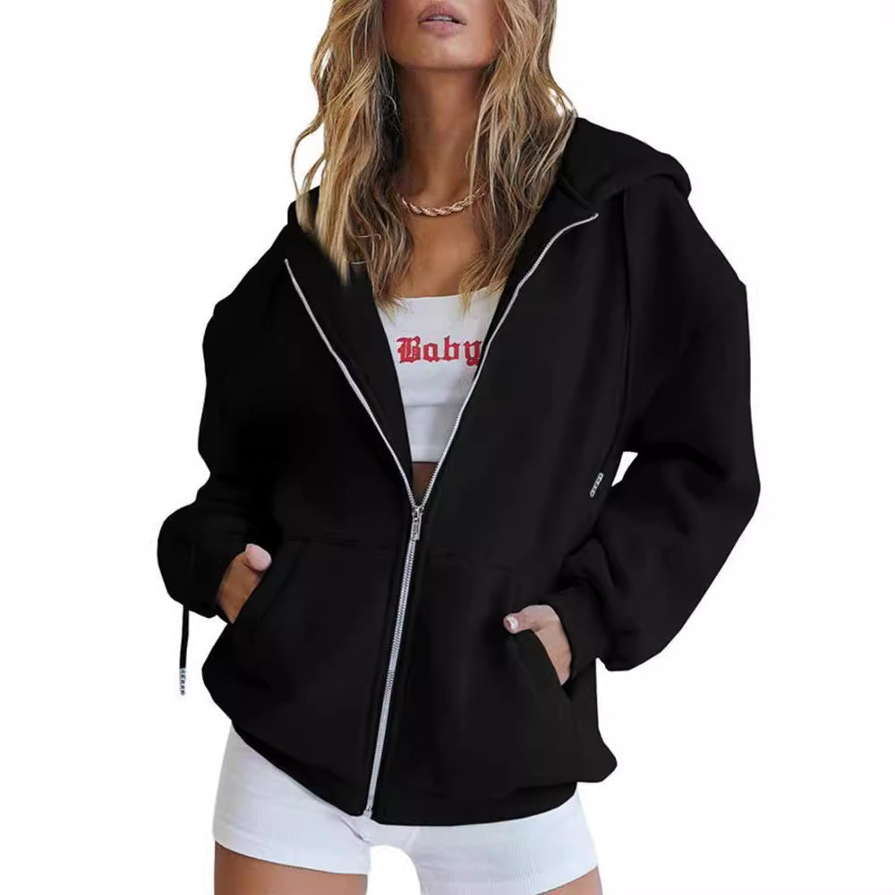 Damen nan Oversize-Kapuzenjacke mit durchgehendem Reißverschluss French-Terry, Kängurutaschen und elastischen Bündchen EB