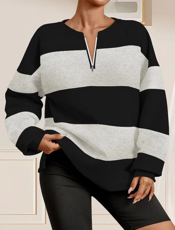 Damen modischer Sweatpullover mit Reißverschluss und gestreiftem Design EB