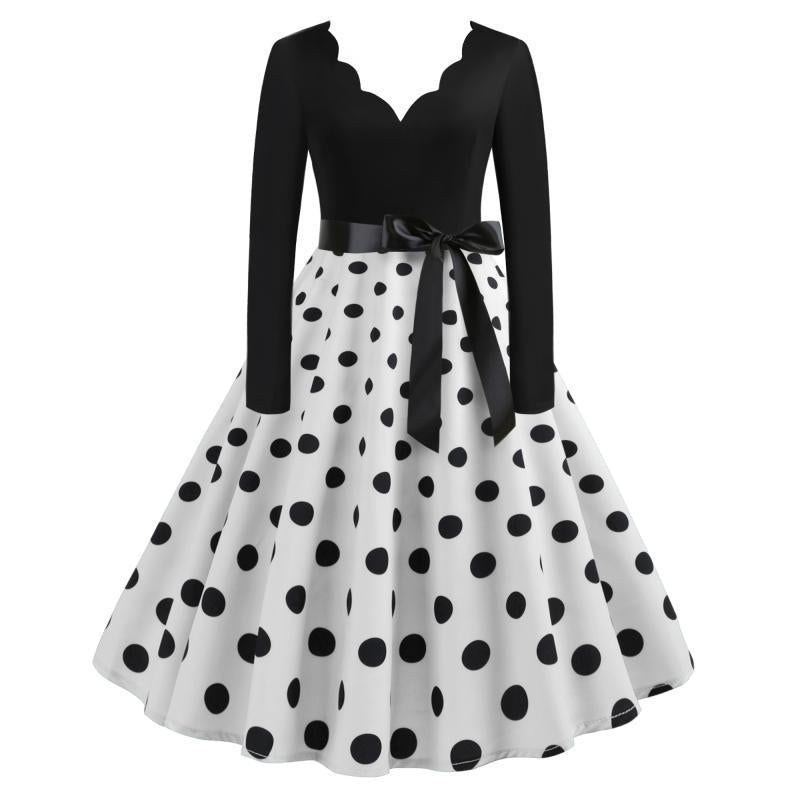 Damen Vintage Tellerkleid mit gewelltem V-Ausschnitt, tailliertem Satinband und langen Ärmeln EB