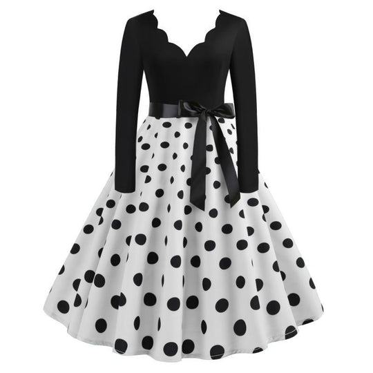 Damen Vintage Tellerkleid mit gewelltem V-Ausschnitt, tailliertem Satinband und langen Ärmeln EB
