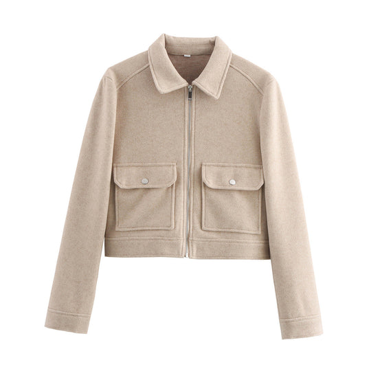 Damen kurze Fleecejacke mit stilvollen Brusttaschen und elegantem Kragen EB