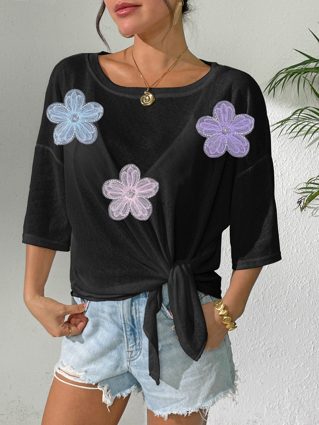 Damen lässiges Oberteil mit floralem Design und seitlichem Knoten EB