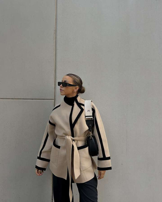 Damen elegante Blazerjacke mit Taillengürtel und Kontrastnähten EB