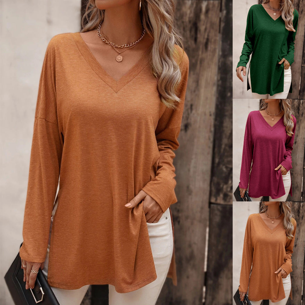 Damen lässige V-Neck Longsleeve-Tunika mit Seitenschlitzen und relaxed Fit Eichborn Berlin
