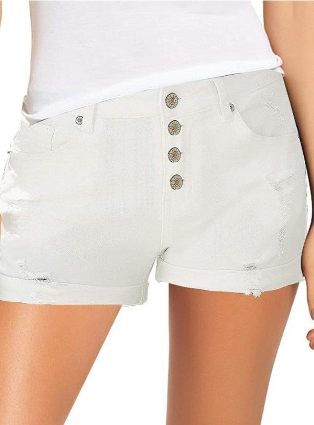 Damen modische High-Waist Denim-Shorts mit Knopfdetails und ausgefranstem Saum EB