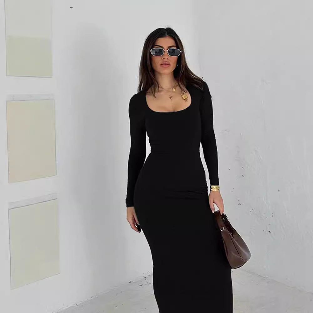 Damen Figurbetontes Stretch-Jerseykleid mit tiefem U-Boot-Ausschnitt und langen Ärmeln EB