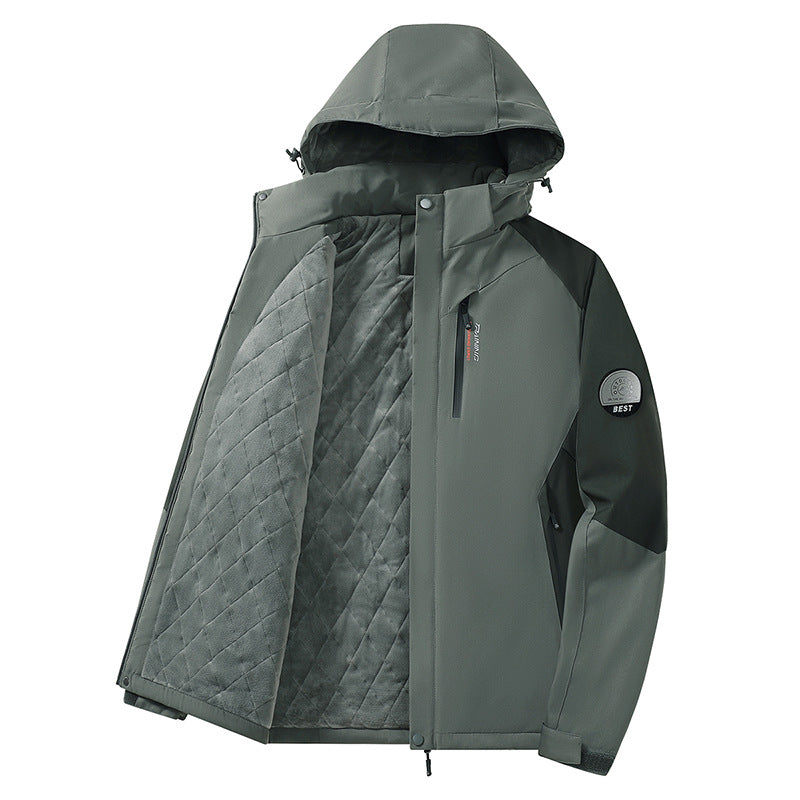 Herren zweifarbige Softshell-Outdoorjacke mit winddichter Membran, verstellbarer Kapuze und verdeckter Brusttasche EB