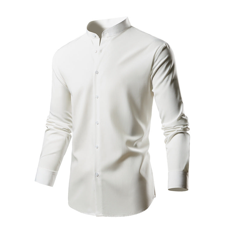 Herren elegantes Langarmhemd mit stehendem Kragen und modernen Knopfdetails EB