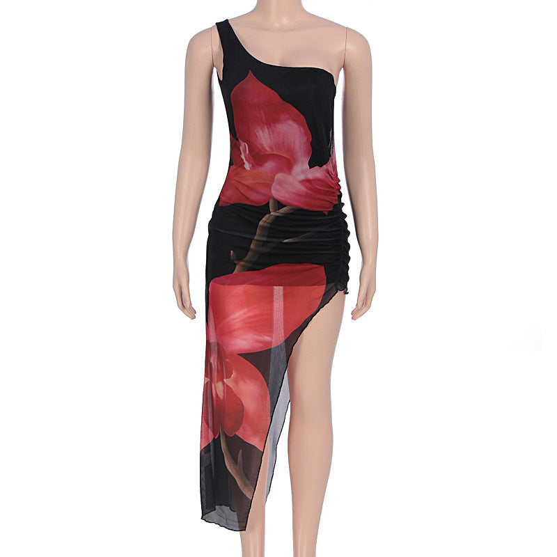 Damen asymmetrisches Maxikleid mit floralen Rüschen und seitlichem Schlitz EB