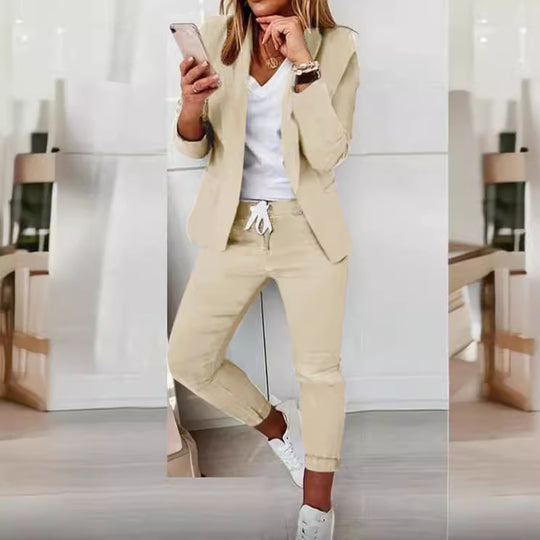 Damen nan lässiges Hosenanzug-Set mit Joggerhose, Kordelzug und tailliertem Blazer EB