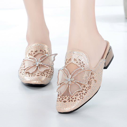 Damen Mules mit funkelnden Strassverzierungen und elegantem Blütenakzent EB