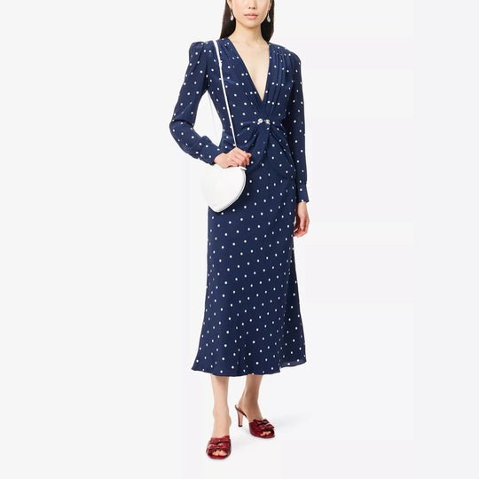 Damen Midikleid mit Punkteprint, tiefem V‑Ausschnitt, Wickelraffung und langen Ärmeln EB