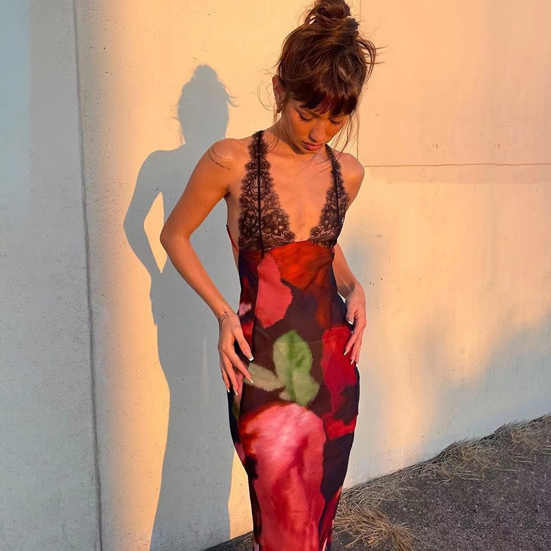 Damen Maxikleid mit raffiniertem Spitzenbesatz und floralen Mustern EB