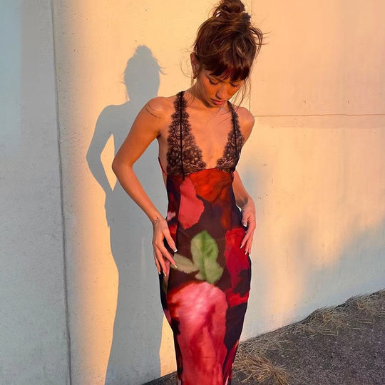 Damen Maxikleid mit raffiniertem Spitzenbesatz und floralen Mustern EB