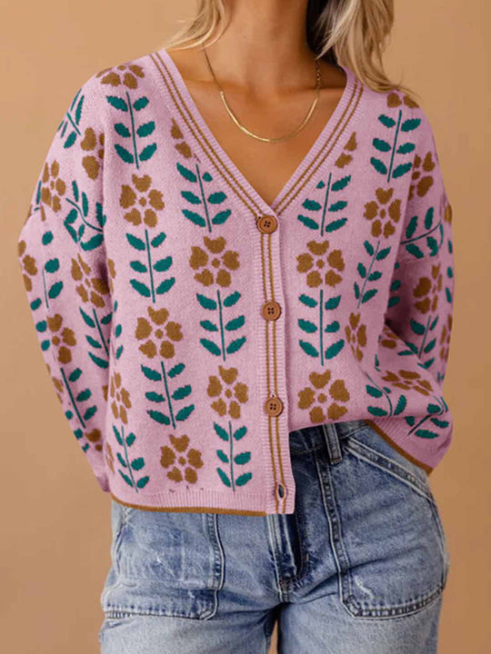 Damen Strickjacke mit floralem Design und Knopfdetails EB