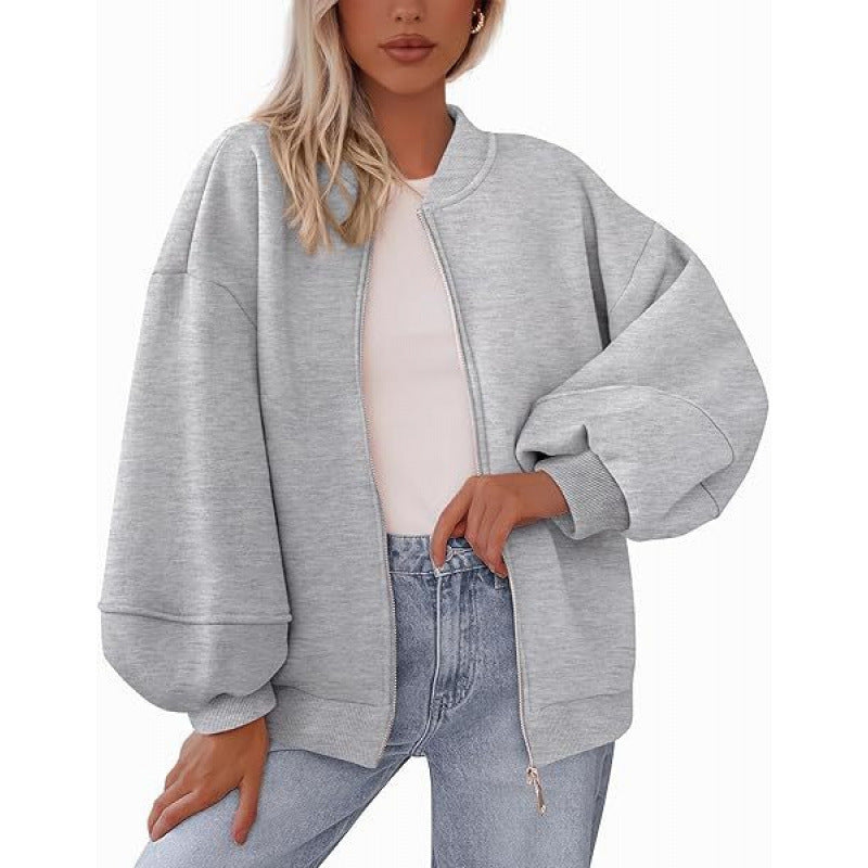 Damen lässige Oversized-Jacke mit Reißverschluss und ballonen Ärmeln EB