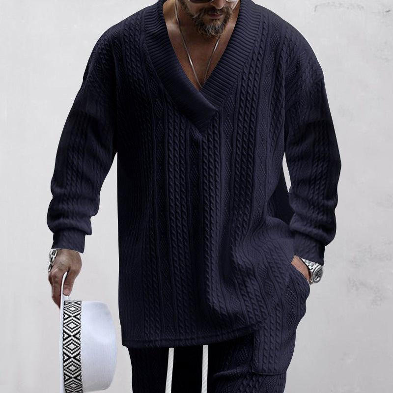 Herren nan oversized Kabelstrick V-Ausschnitt Pullover mit Relaxhose Set EB
