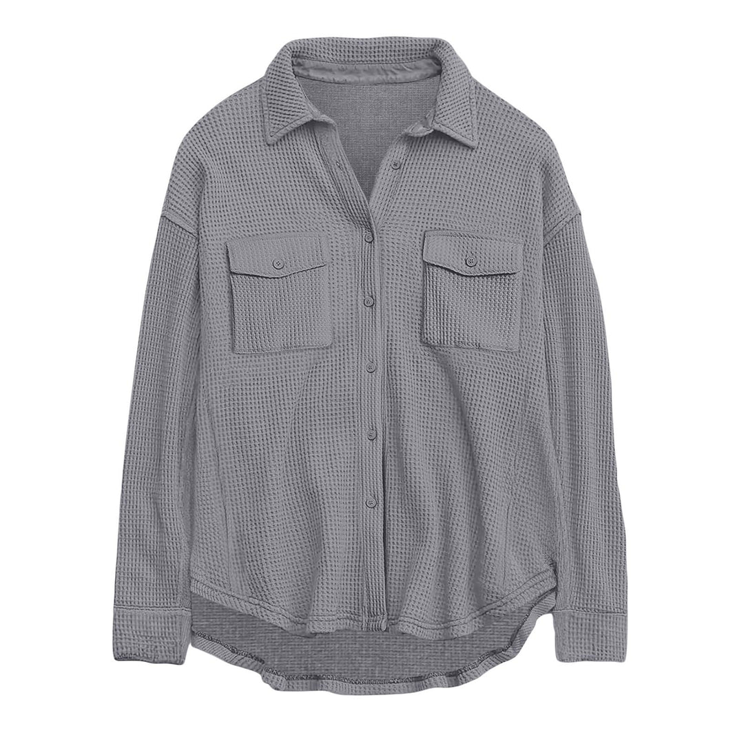 Damen nan oversized Waffelstrick Hemdjacke mit Brusttaschen und Knopfleiste EB