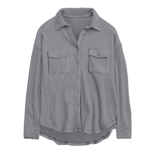Damen nan oversized Waffelstrick Hemdjacke mit Brusttaschen und Knopfleiste EB