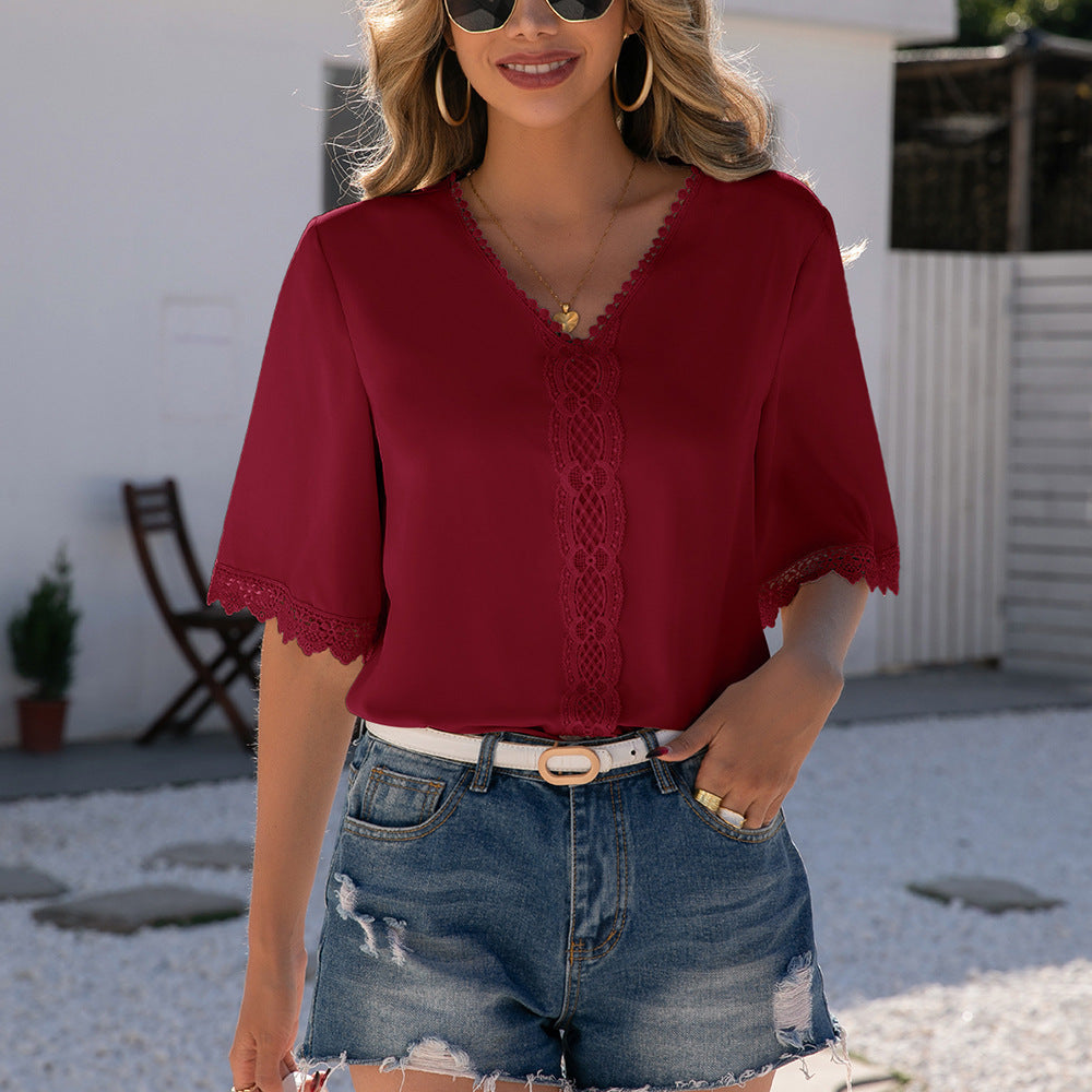 Damen elegante Bluse mit Spitzenbesatz und V-Ausschnitt EB