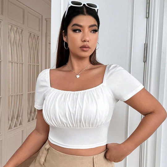 Damen Crop-Top mit gerafftem Design und nostalgischen Puffärmeln EB