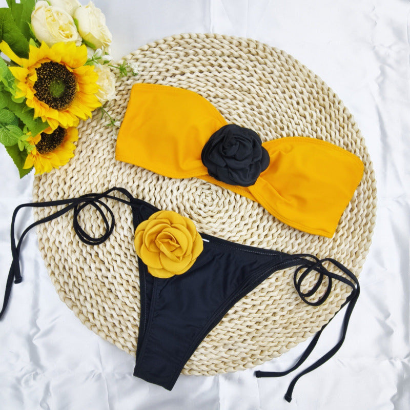 Damen Bikini mit floralem Detail und elastischen Trägern EB