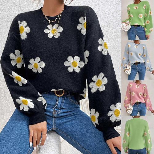 Damen Pullover mit floralem Muster und voluminösen Ärmeln EB
