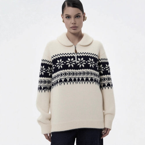 Damen gestrickter Pullover mit Halskragen und Modischem Norweger-Muster EB