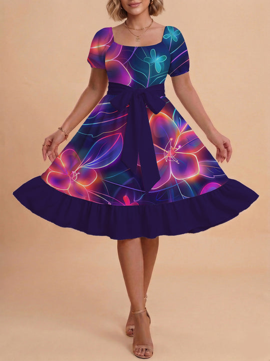Damen Sommerkleid mit floralem Puffärmel und taillierbarem Gürtel EB