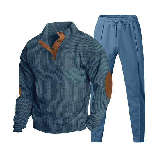 Herren nan strukturiertes Strick-Loungewear-Set mit halber Knopfleiste, kontrastreichen Ellbogenpatches und elastischem Tunnelzug-Jogger EB