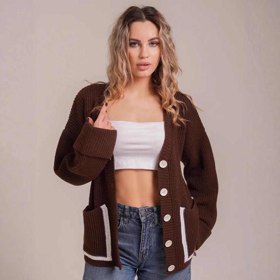 Damen Lässiger Strickcardigan mit tiefem V-Ausschnitt und praktischen Taschen EB