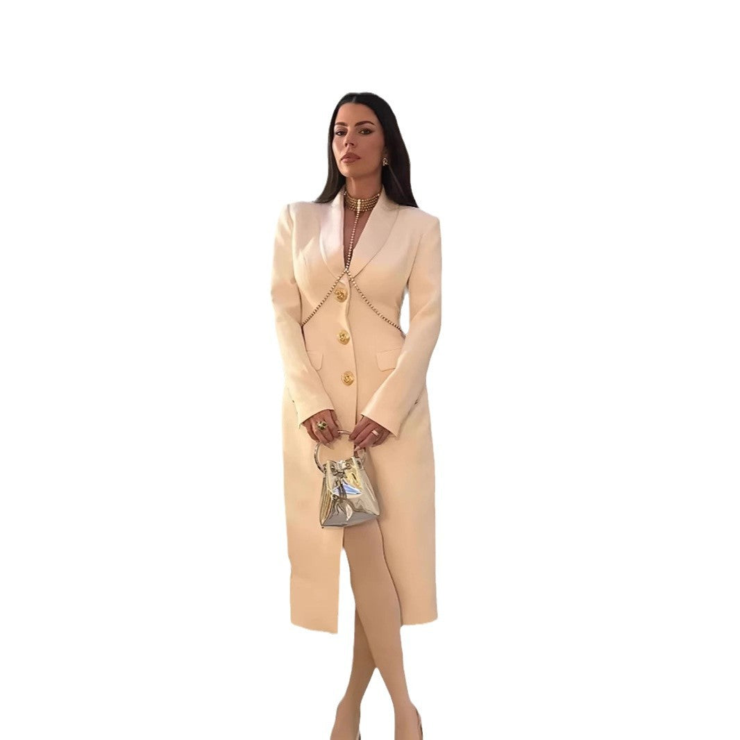 Damen Eleganter Langmantel mit goldenen Knöpfen und klassischem Schnitt EB