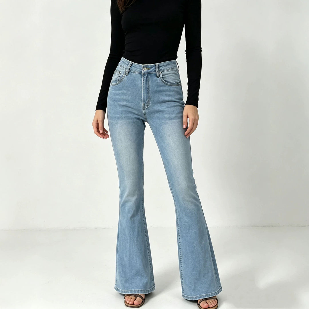 Damen nan hochgeschnittene Jeans mit schmaler Hüftpartie und weitem Schlag mit elastischem Bund EB