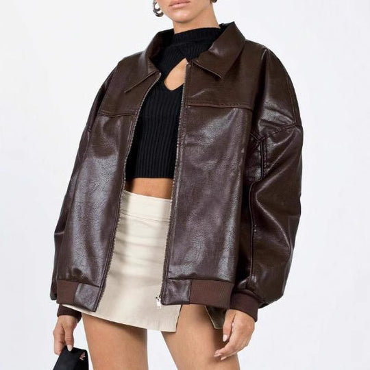 Damen Kunstleder Jacke im modernen Oversized-Stil EB
