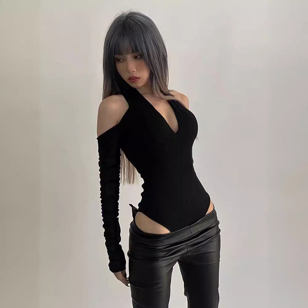 Damen Körperbetonter Langarm-Bodysuit mit tiefem V-Ausschnitt und raffinierten Rüschendetails EB
