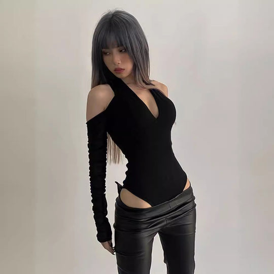 Damen Körperbetonter Langarm-Bodysuit mit tiefem V-Ausschnitt und raffinierten Rüschendetails EB