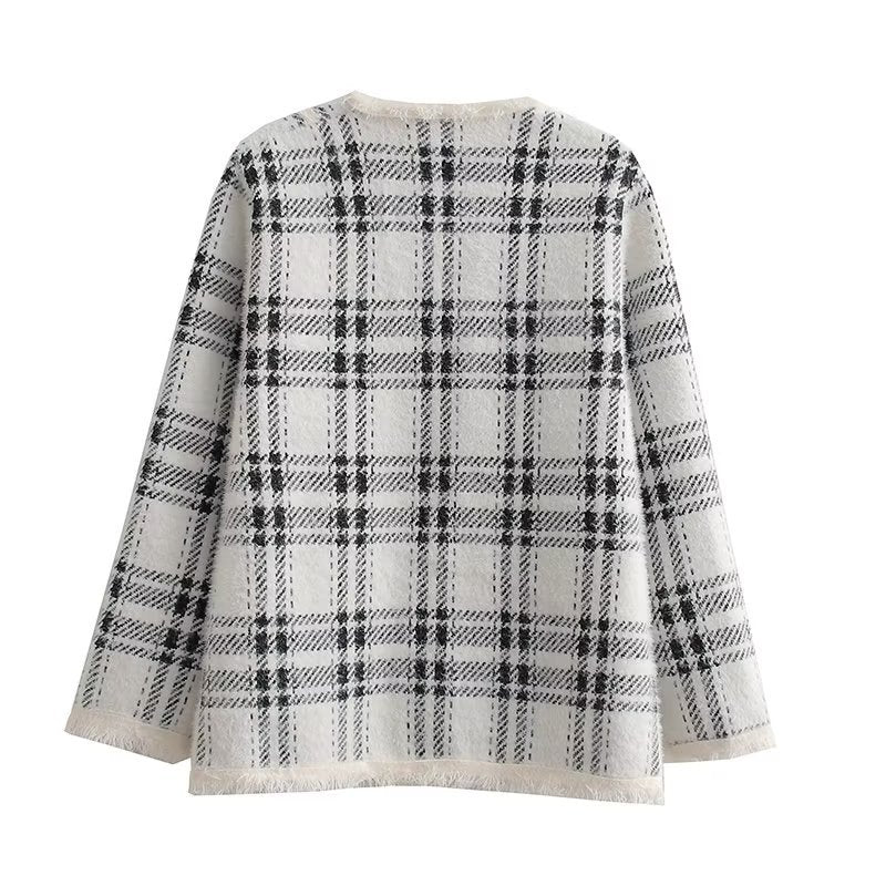 Damen modische Langenjacke mit Karomuster und eleganten Knopfdetails EB
