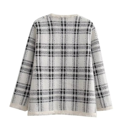 Damen modische Langenjacke mit Karomuster und eleganten Knopfdetails EB