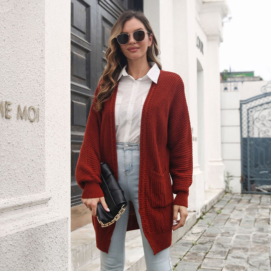 Damen Lässige Strickjacke mit tiefem V-Ausschnitt und praktischen Taschen EB