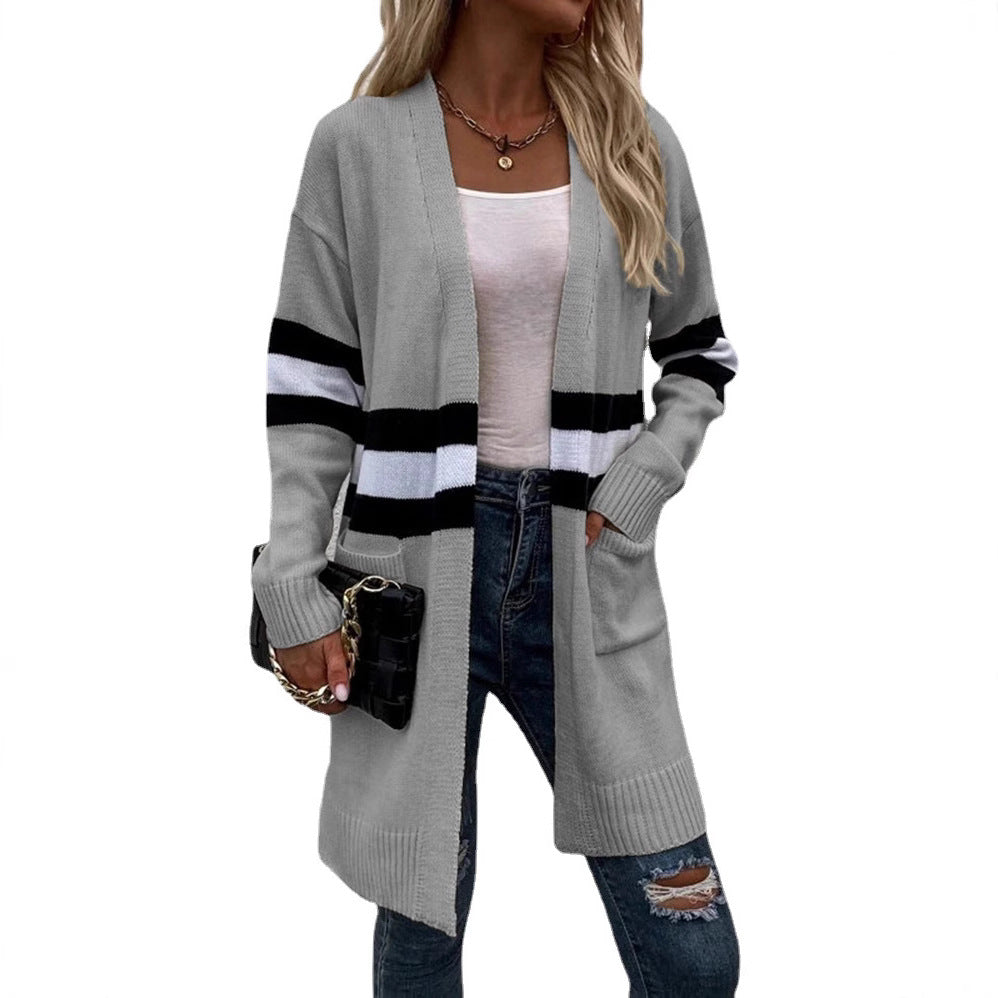 Damen Langarm Strickcardigan mit modernen Streifen und praktischen Taschen EB