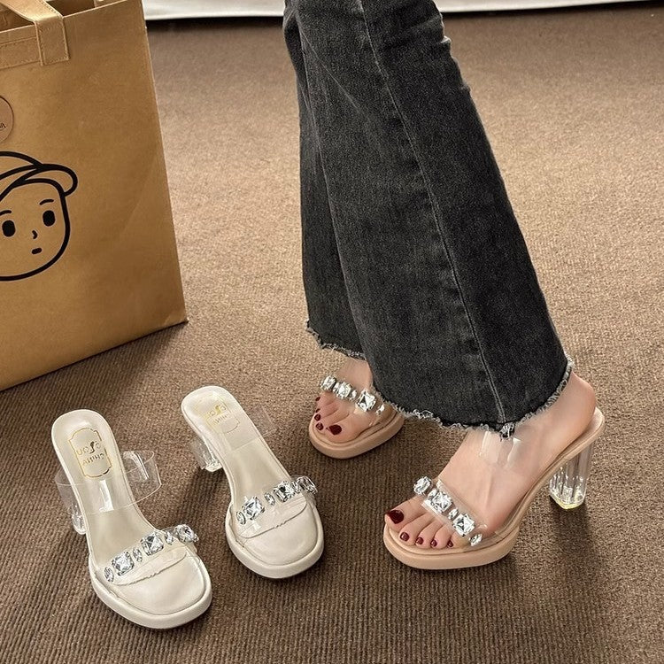 Damen Glamouröse Plateau-Sandalen mit durchsichtigen Riemen und funkelnden Kristall-Akzenten EB