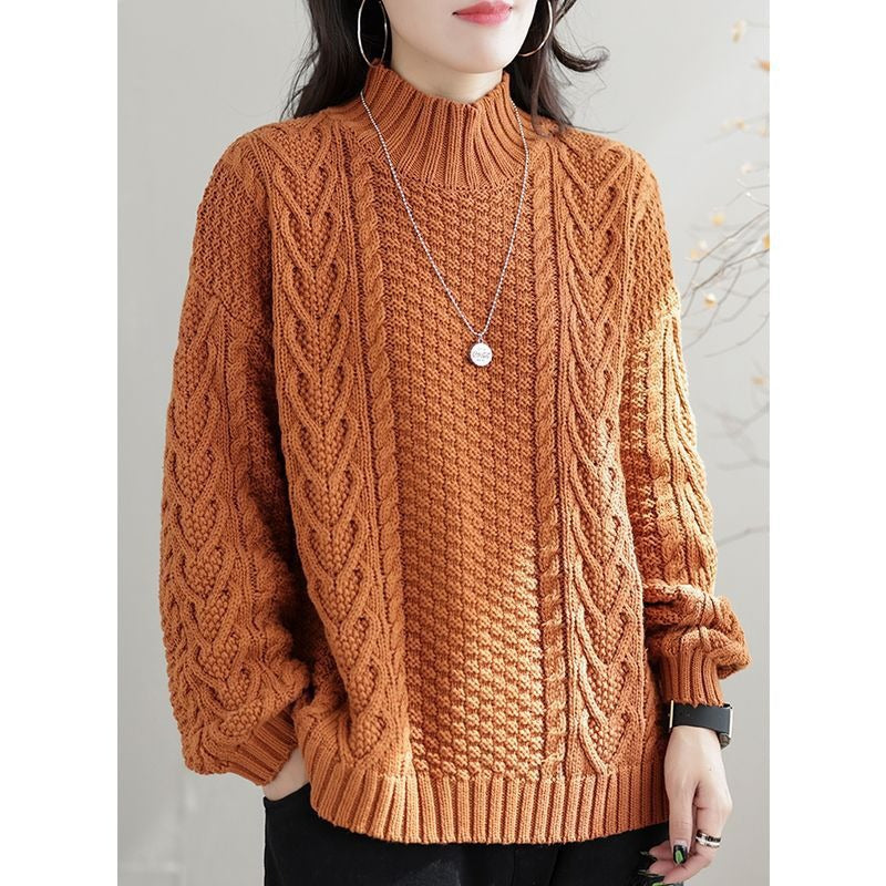 Damen Grobstrickpullover mit hohem Kragen und Zopfmuster EB