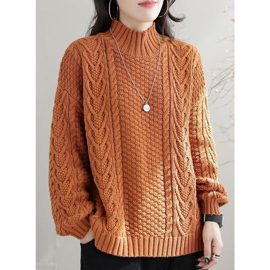 Damen Grobstrickpullover mit hohem Kragen und Zopfmuster EB