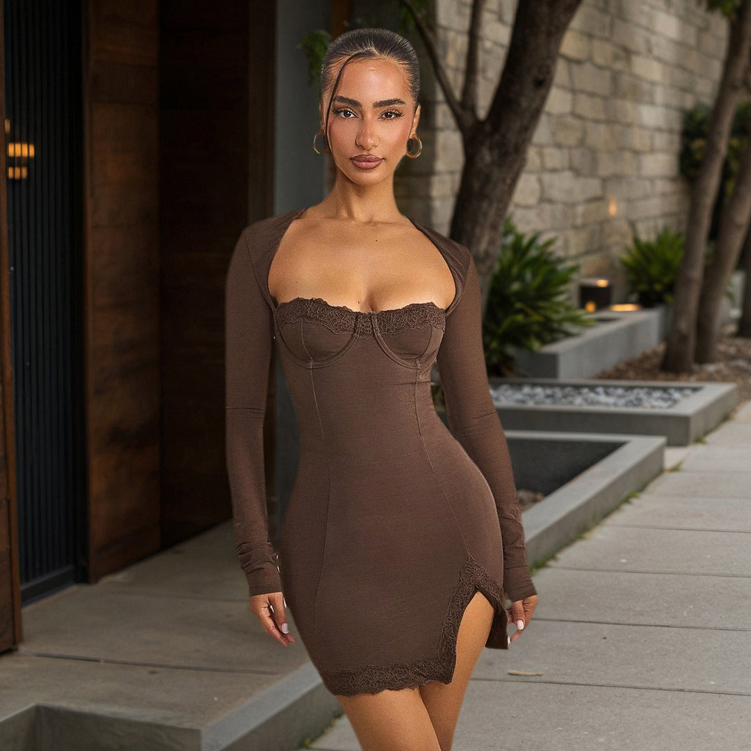 Damen nan figurbetontes Langarm-Minikleid mit Korsettoptik, geformten Cups und Spitzendetail EB