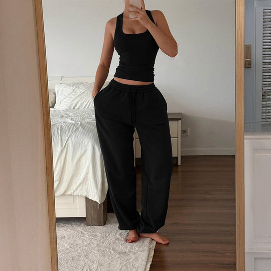 Damen nan weite High‑Waist Loungehose mit Kordelzug elastischem Komfortbund und Eingrifftaschen EB