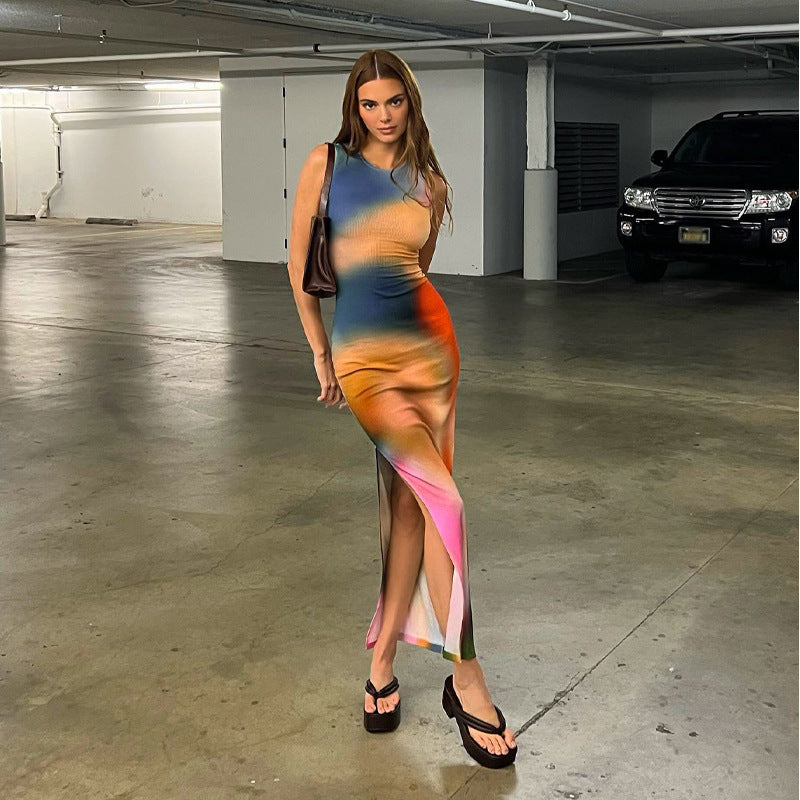 Frauen Abstract Print Bodycon Maxi Kleid EB