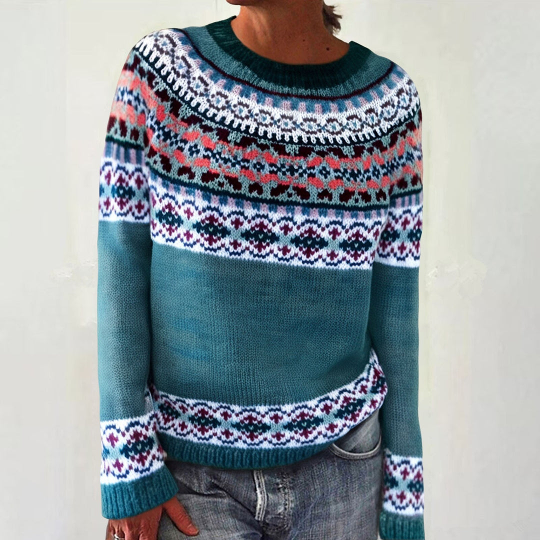 Damen nan melierter Rundhalsausschnittpullover mit kreisförmigem Jacquard-Yoke und geripptem Saum EB