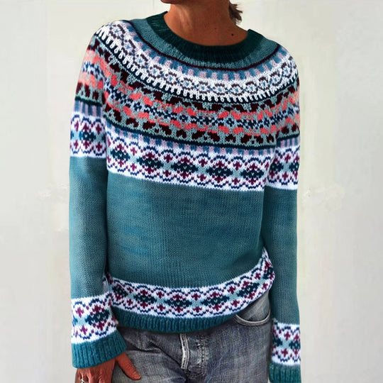 Damen nan melierter Rundhalsausschnittpullover mit kreisförmigem Jacquard-Yoke und geripptem Saum EB